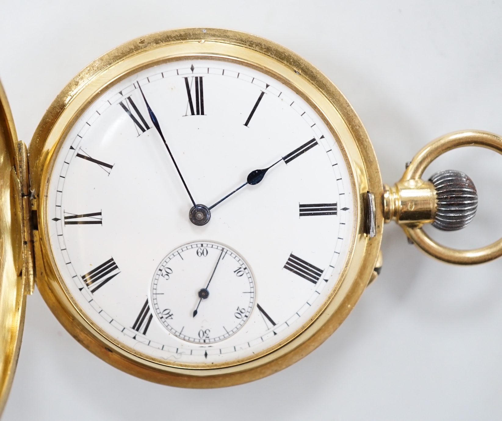 A continental 18c hunter keyless pocket watch, with Roman dial and subsidiary seconds, case diameter 50mm, gross weight 101.4 grams.